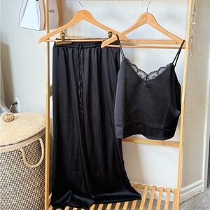 Elegant Black Lace Trim Cami and Pants Set